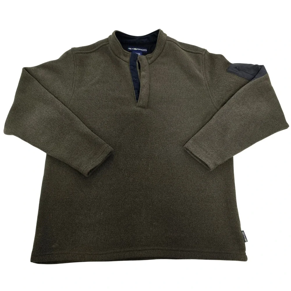 ExOfficio Mens L‎ Olive Green Fleece Henley Pullover Sleeve Pocket Sweater